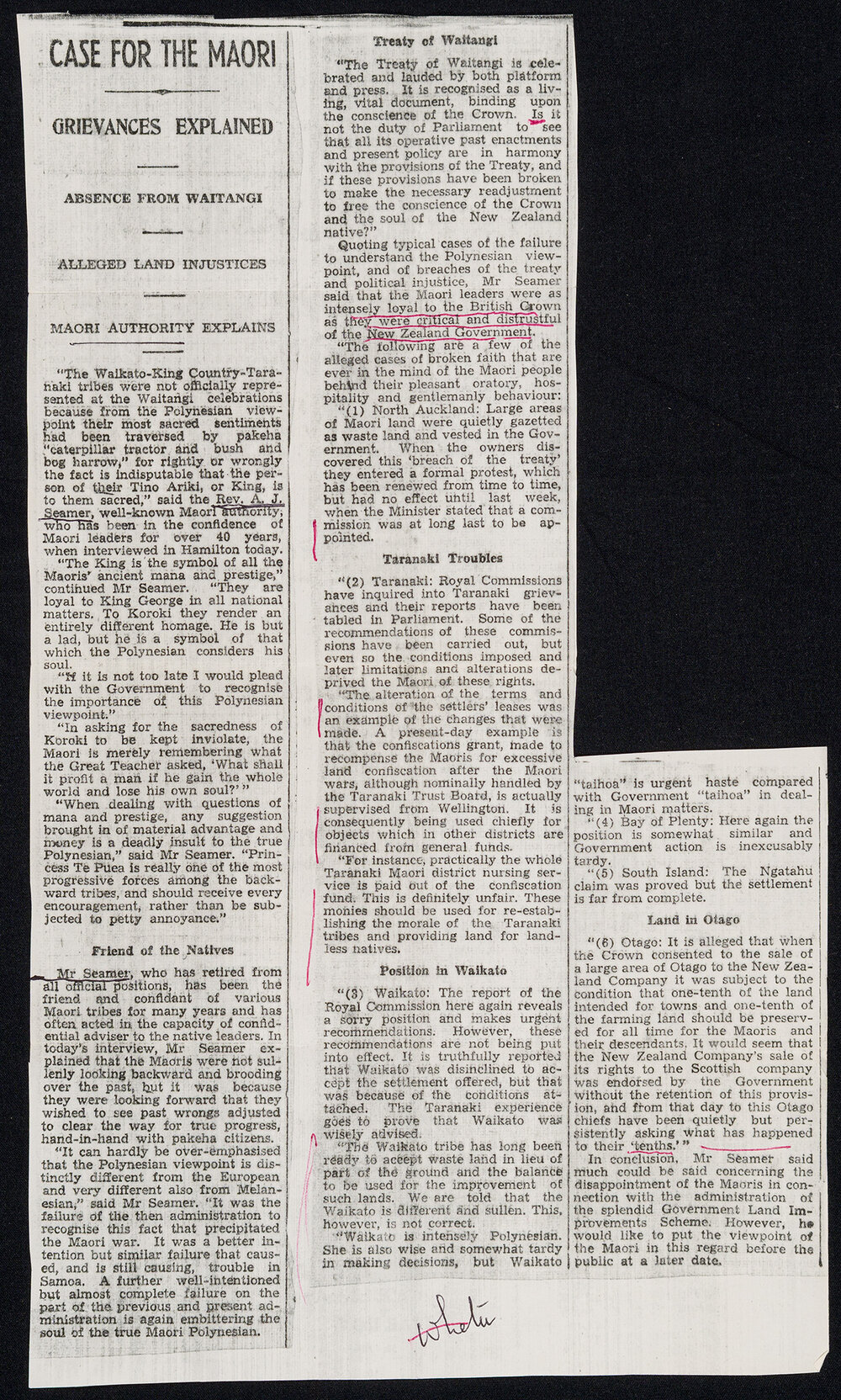 Photocopy of Newspaper Clippings from an Unknown Publication - Case for the Māori Grievances Explained; Absence from Waitangi; Alleged Land Injustices; Māori Authority Explained