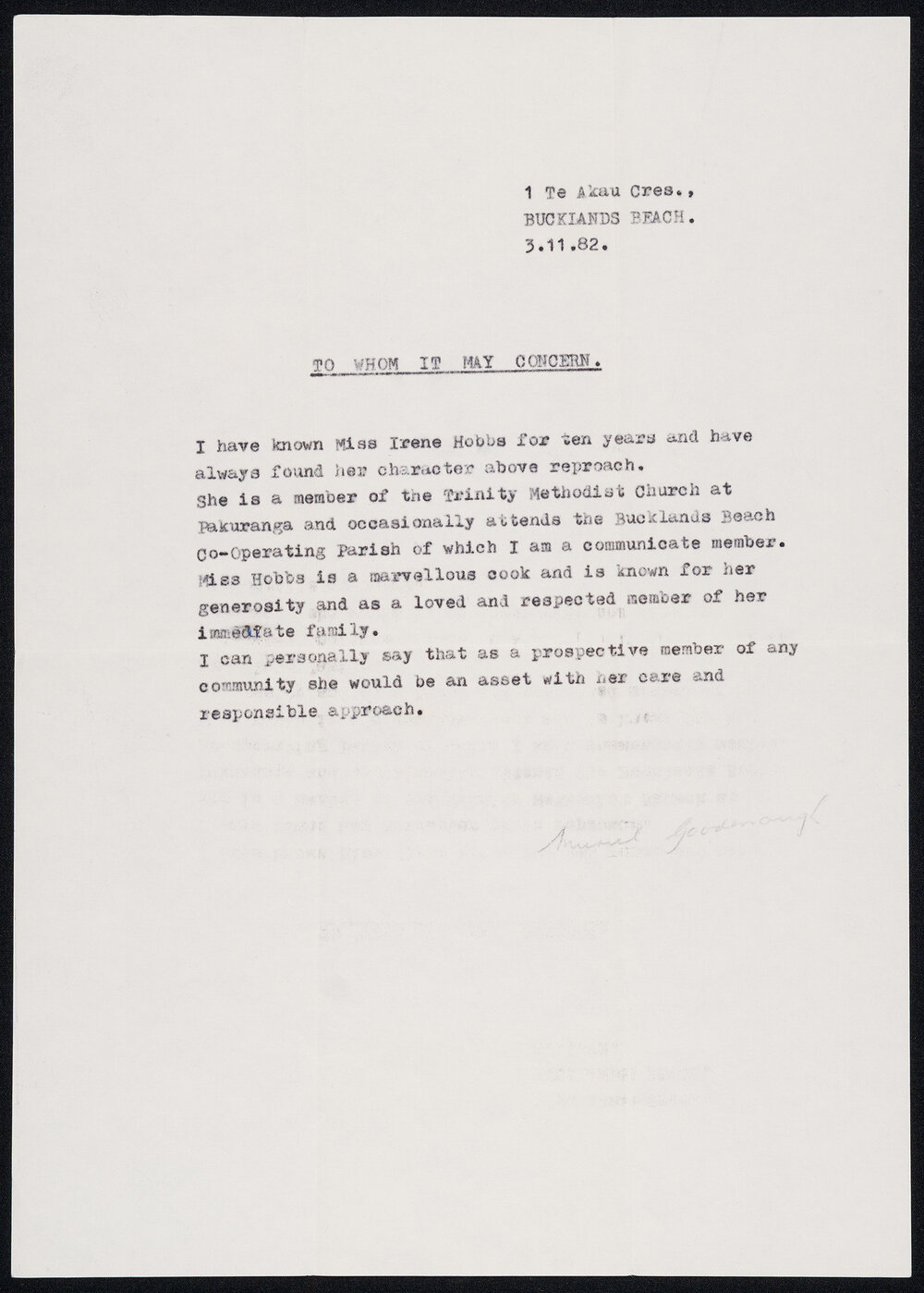 Reference Letter in Support of Miss Irene Hobbs from Muriel Goodenough