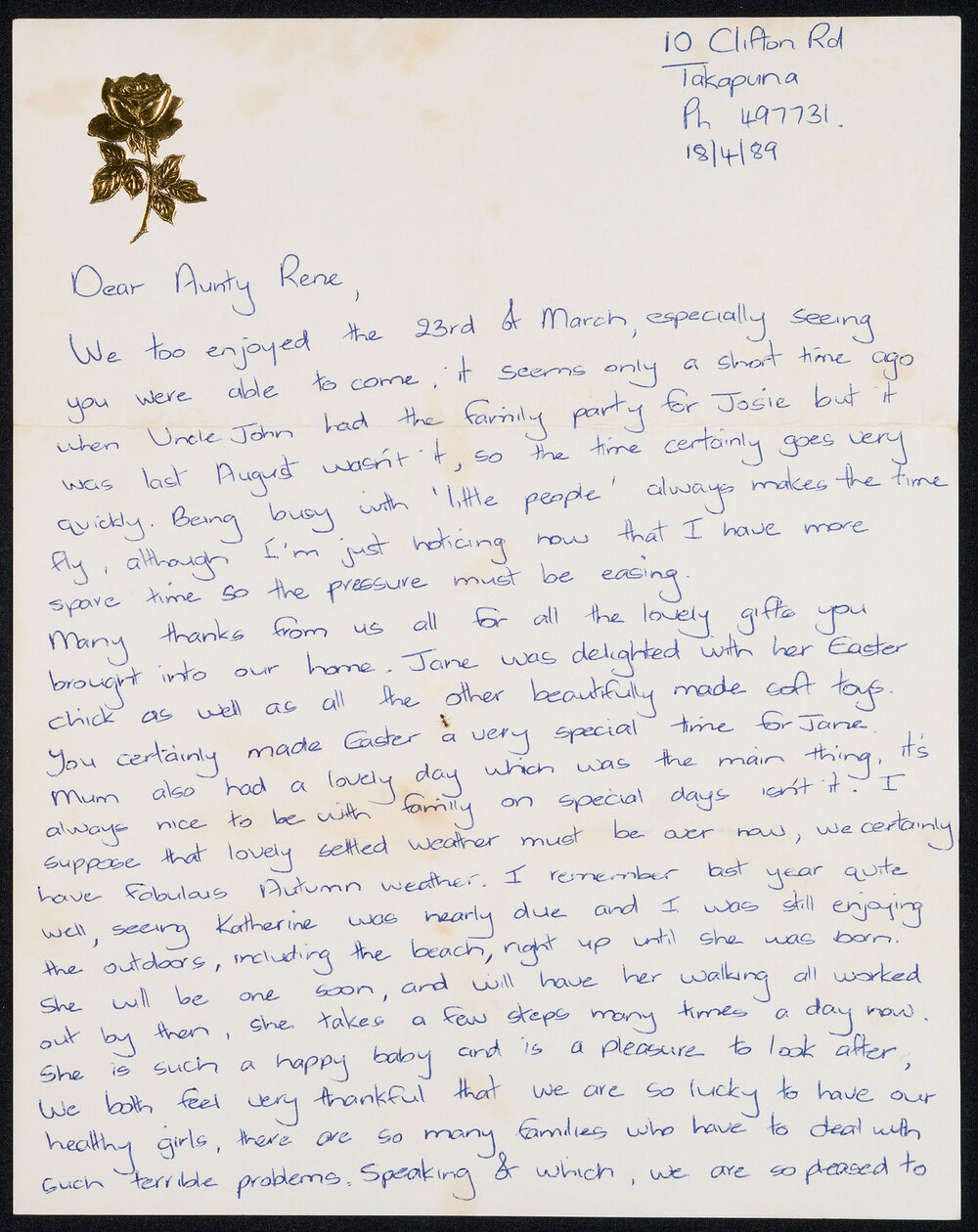 Letter Addressed to Aunty Rene [Sister Hobbs] from Ngaire Ann, Kevin, Jane, and Katherine