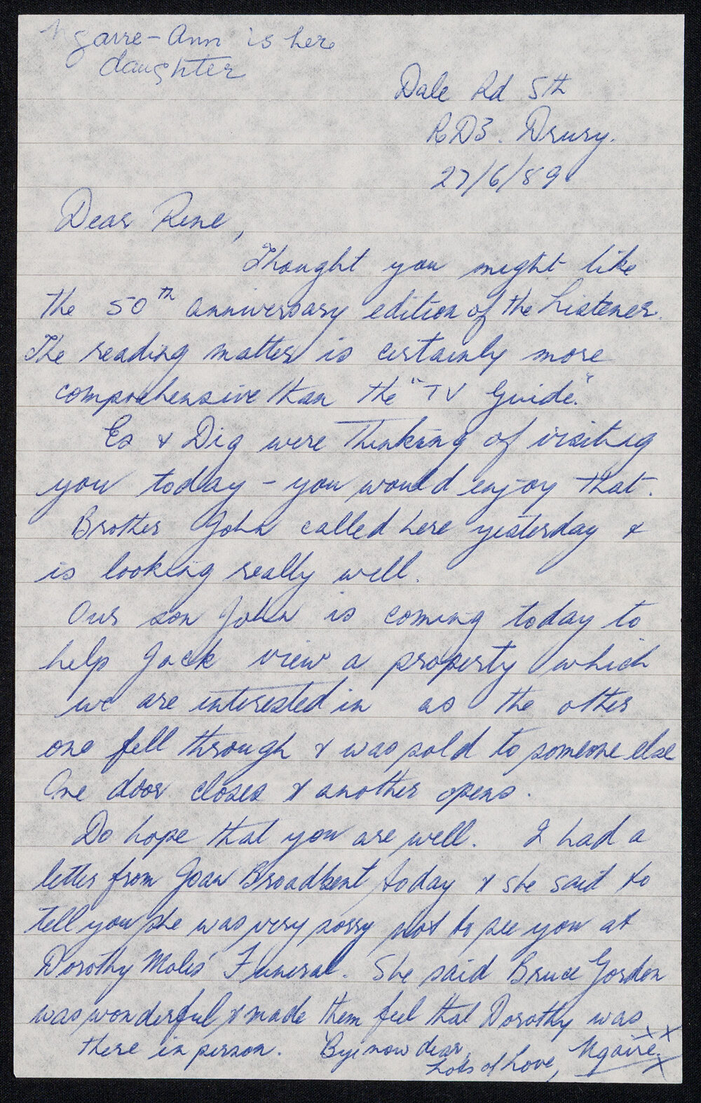 Letter Addressed to Rene [Sister Hobbs] from Ngaire [Her Half-Sister and Mother of Ngaire Ann]