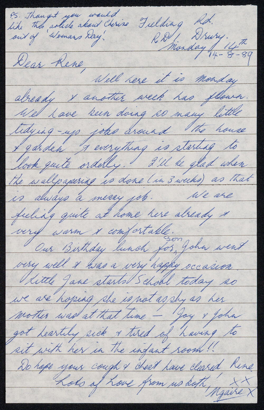 Letter Addressed to Rene [Sister Hobbs] from Ngaire [Her Half-Sister and Mother of Ngaire Ann]