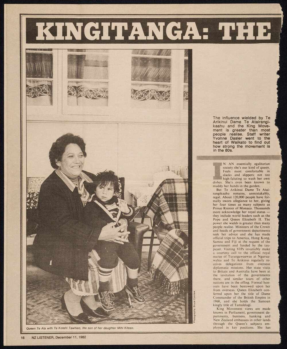 Magazine Article Related to Te Arikinui Dame Te Atairangikaahu and the Māori King Movement, Te Kīngitanga [Kīngitanga: The New Approach, NZ Listener, December 11th 1982, 16-17]