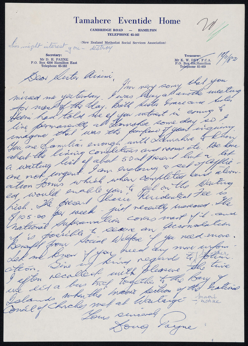 Letter Addressed to Sister Airini from Doug Payne Regarding Her Potential Application to Live at Tamahere Eventide Home 