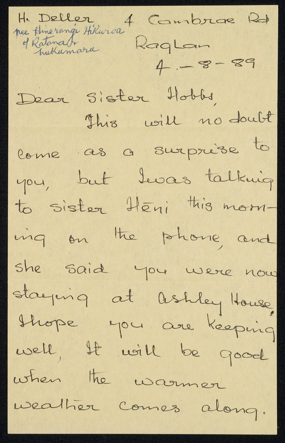 Letter Addressed to Sister Hobbs from Hinerangi Deller [nee Hikuroa, Member of the Waiata Māori Choir]