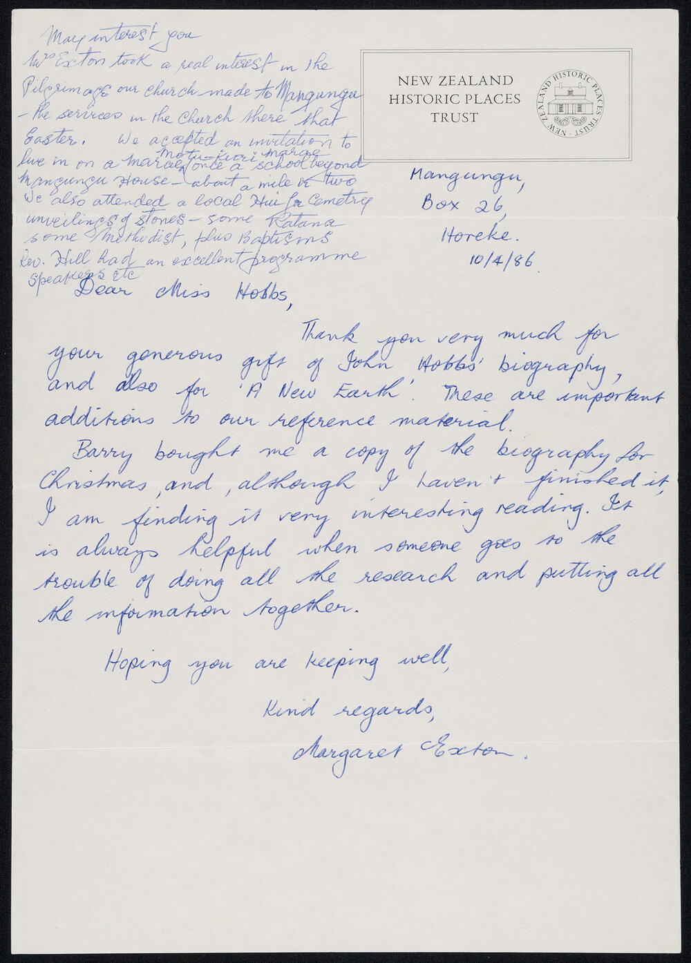 Letter Addressed to Miss Hobbs from Margaret Exton [Historic Places Trust]