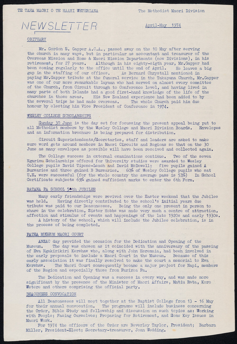 Newsletter for Te Taha Māori o Te Hāhi Weteriana - The Methodist Māori Division - April-May 1974
