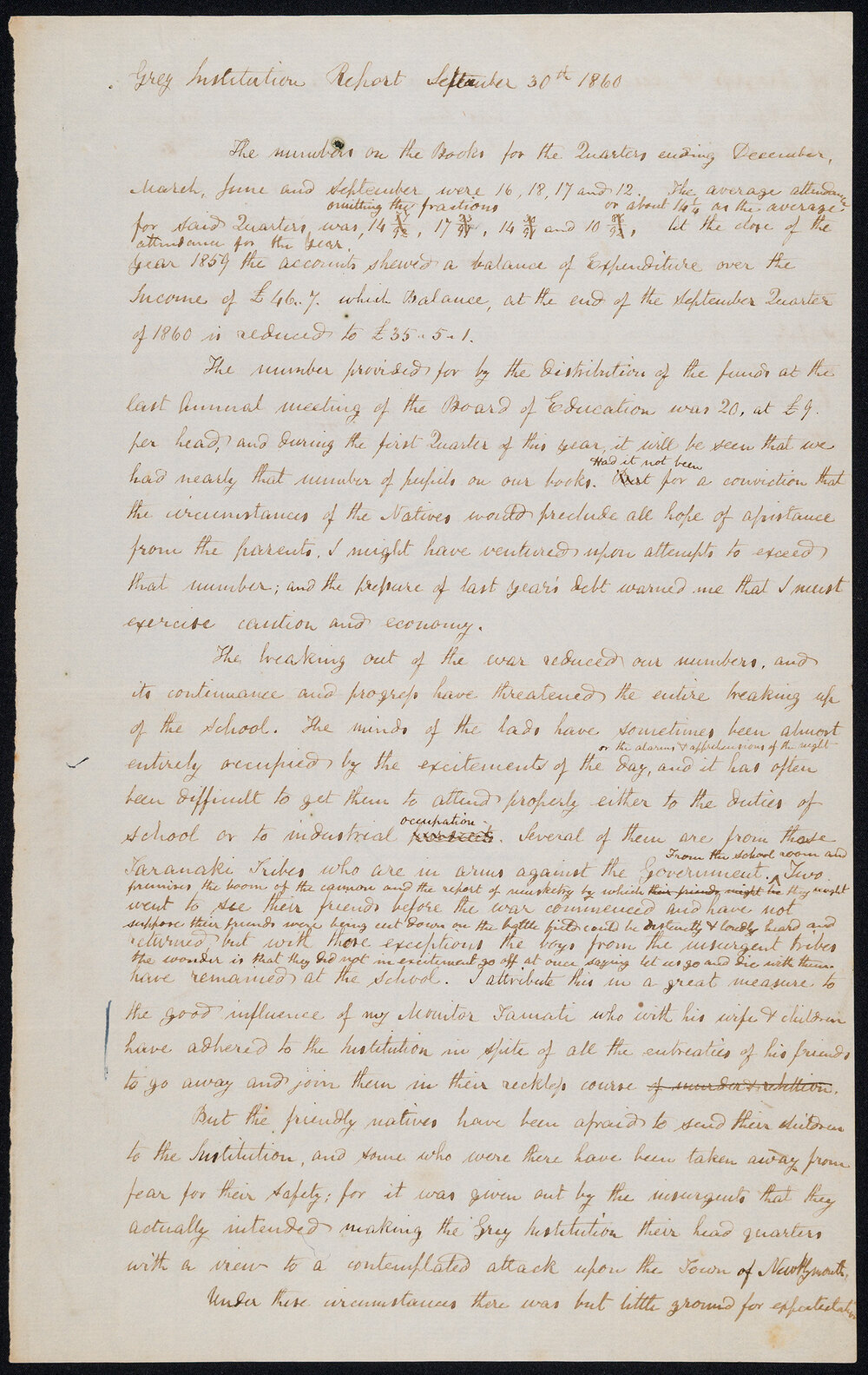 Grey Institution School [Taranaki] Annual Report and Accounts for the Year Ended December 31st 1860