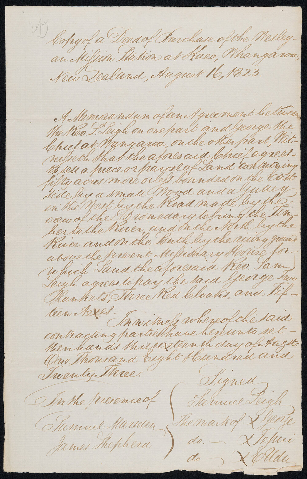 Copy of a Deed of Purchase of the Wesleyan Mission Station at Kaeo, Whangaroa, New Zealand, August 16, 1823