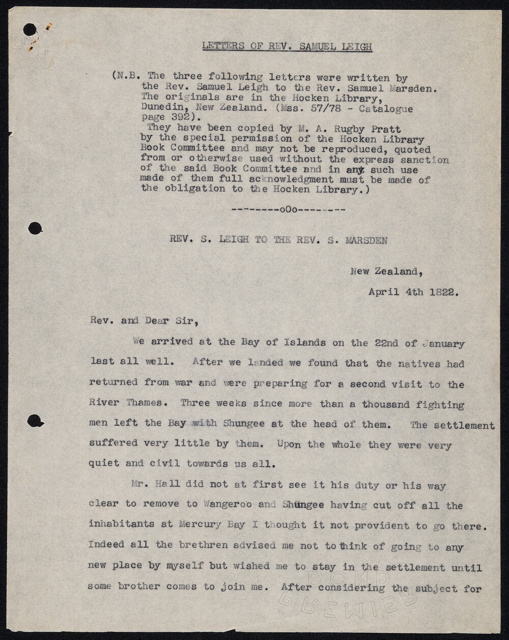 Letters from 4th April 1822 to Rev. Samuel Marsden [Parramatta, Australia] from Rev. Samuel Leigh [Paihia, New Zealand] Regarding the Conduct of Thomas Kendall