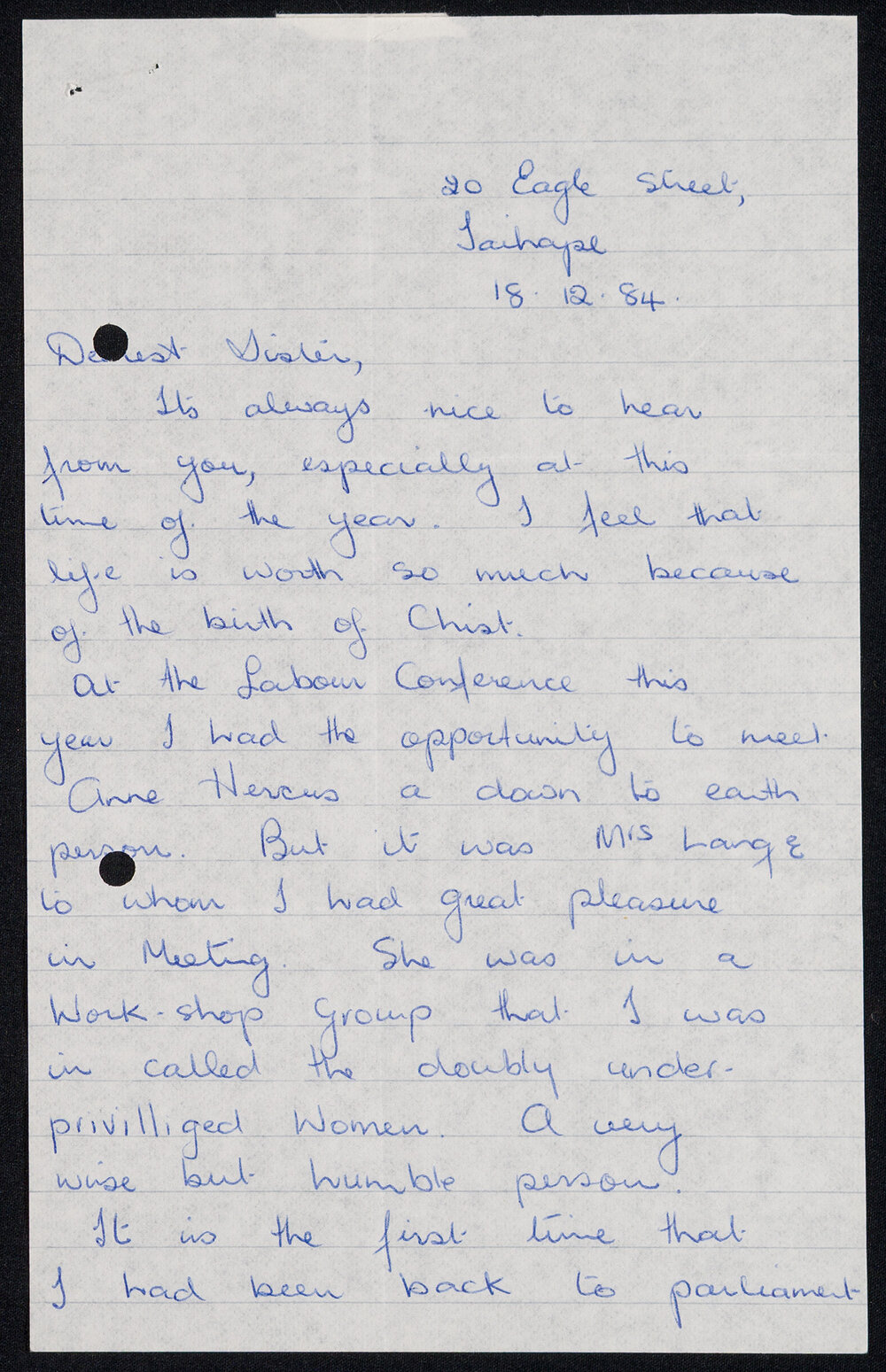 Letter Addressed to Sister [Hobbs] from Wally and Family