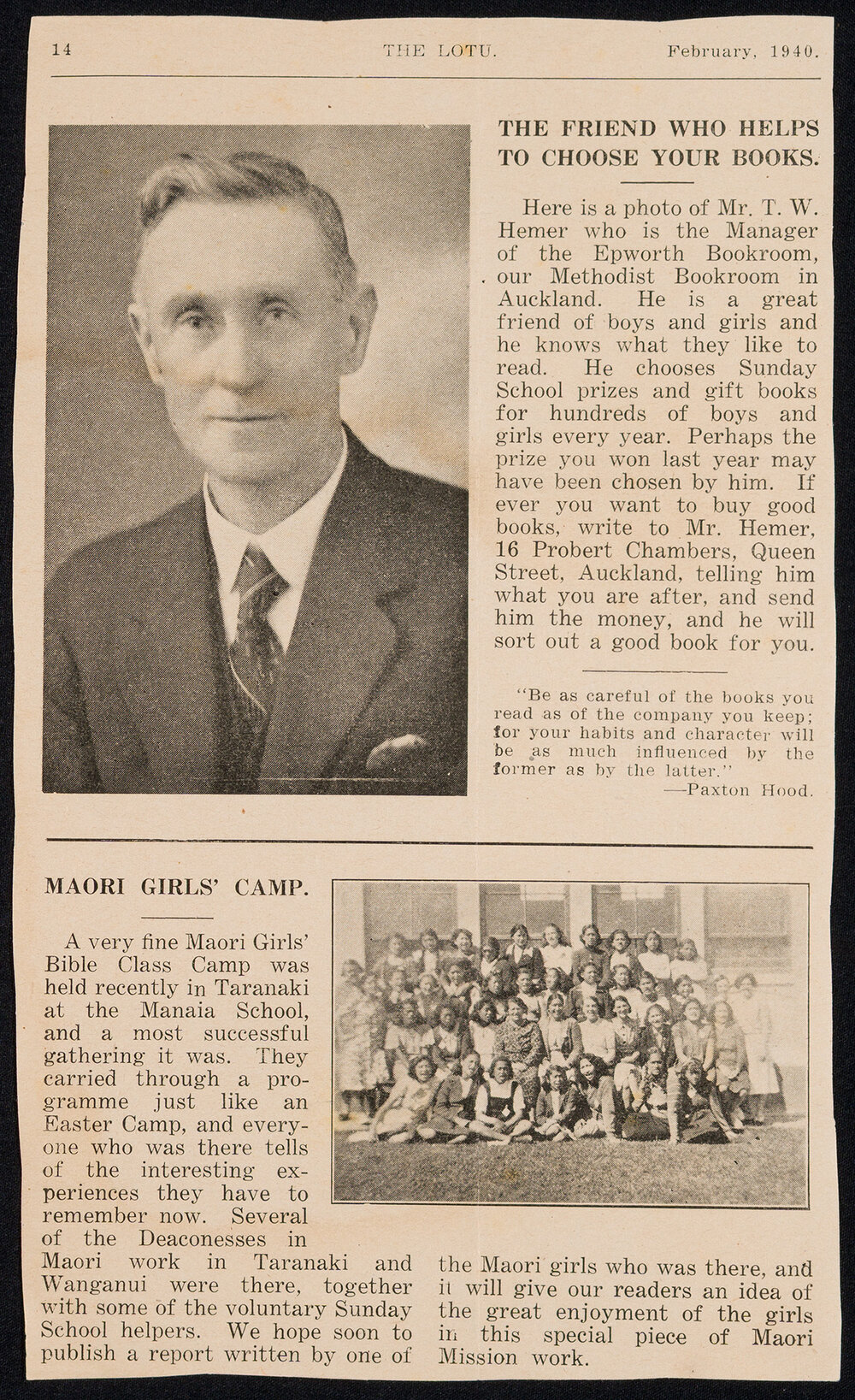 Pages from a NZ Methodist Publication [The Lotu, February, 1940] Featuring Māori Girl's Camp, Deaconesses, Māori Youth Work, and Report from Sister Hobbs