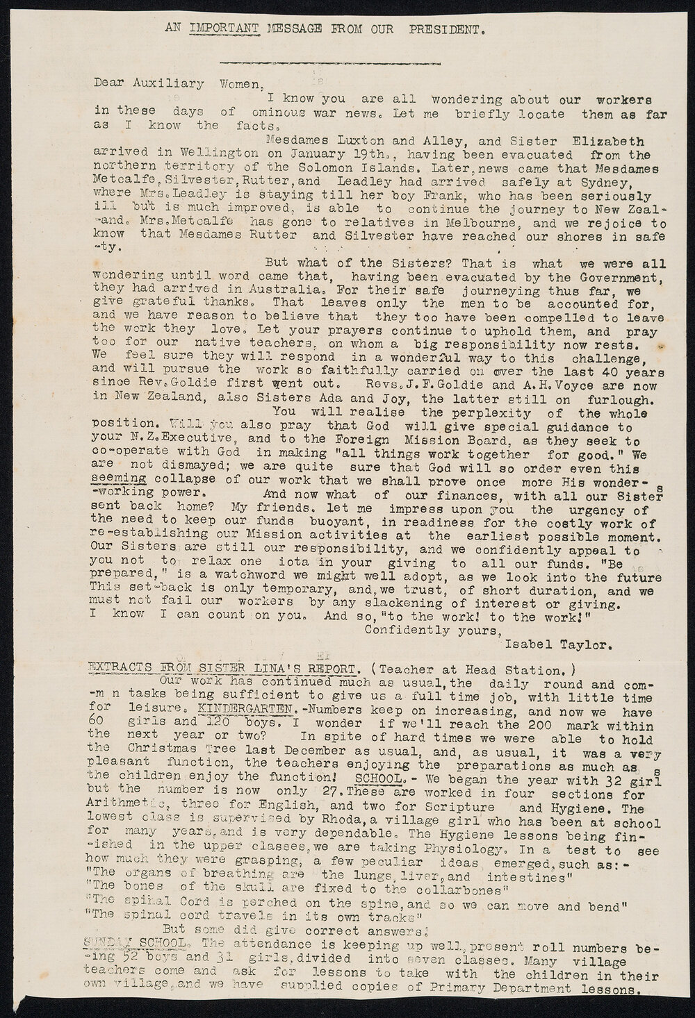 An Important Message from our President [Isabel Taylor] - Methodist Women's Auxiliary [Methodist Women's Missionary Union]  - Extracts from Sister Irene Hobbs' Annual Report