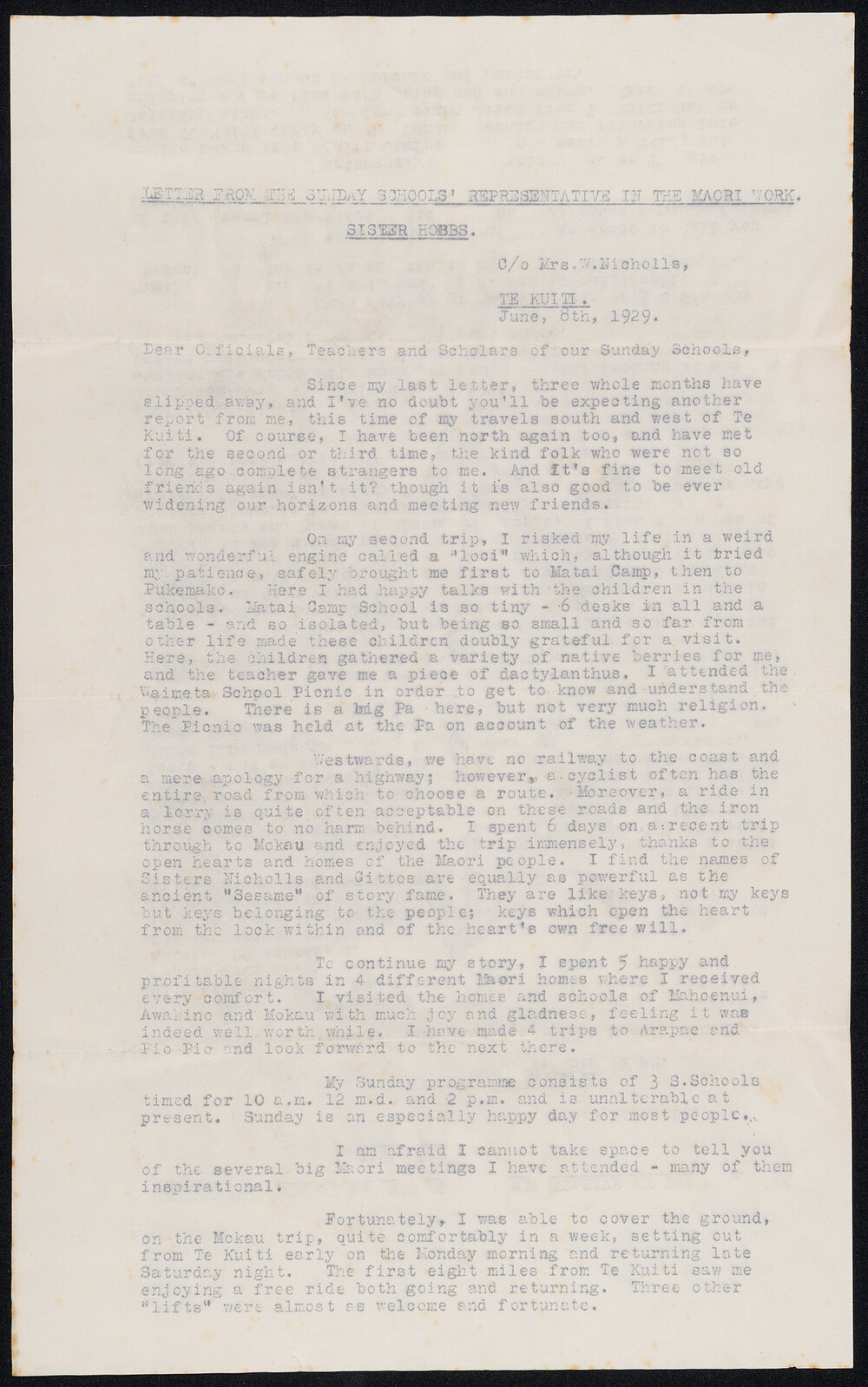 Letter from the Sunday Schools' Representative in the Māori Work - Sister Hobbs - Te Kuiti