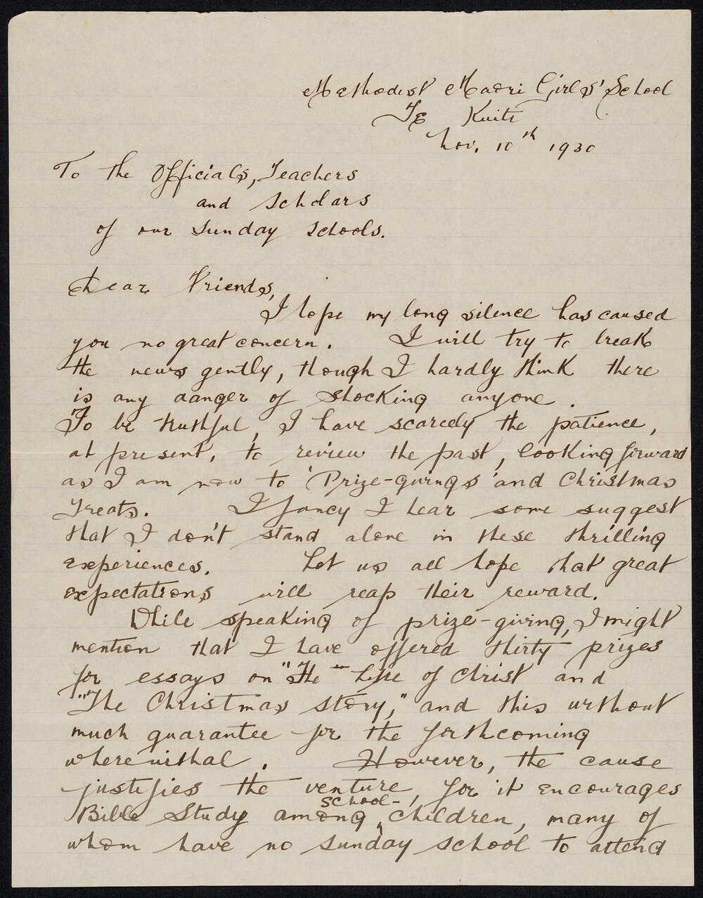 Letter Addressed to the Officials, Teachers, and Scholars of our Sunday Schools [Methodist Māori Girl's School, Te Kuiti] from Airini Hobbs