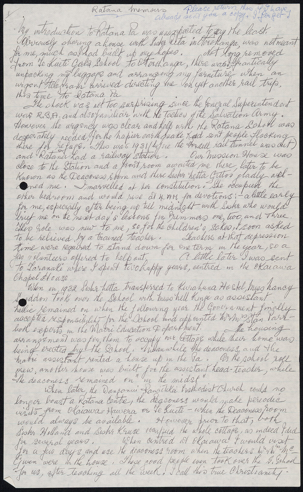 Rātana Memoirs Written by Sister Airini Hobbs