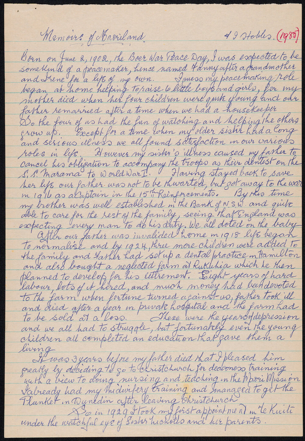 Memoirs of Māoriland Written by Sister Airini Hobbs