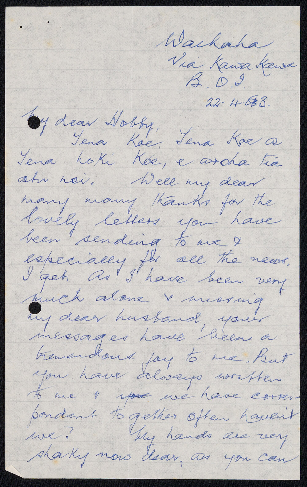 Letter Addressed to Hobby [Sister Hobbs] from Atawhai [Sister Wilcox]