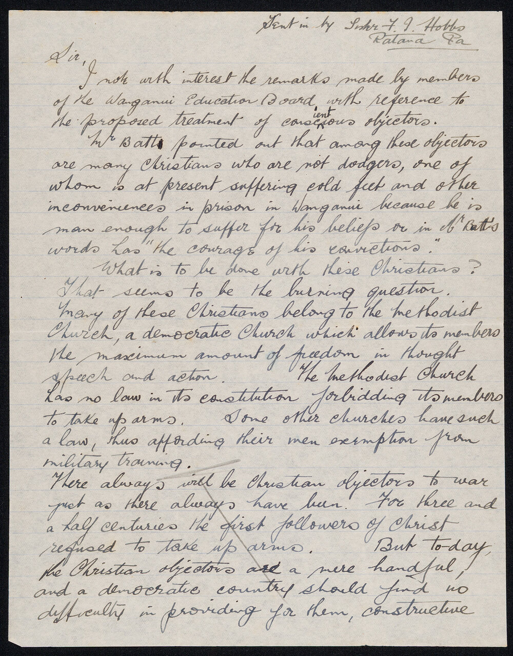Letter Addressed to [Unknown] from Sister Irene Hobbs Regarding the Proposed Treatment of Conscientious Objectors