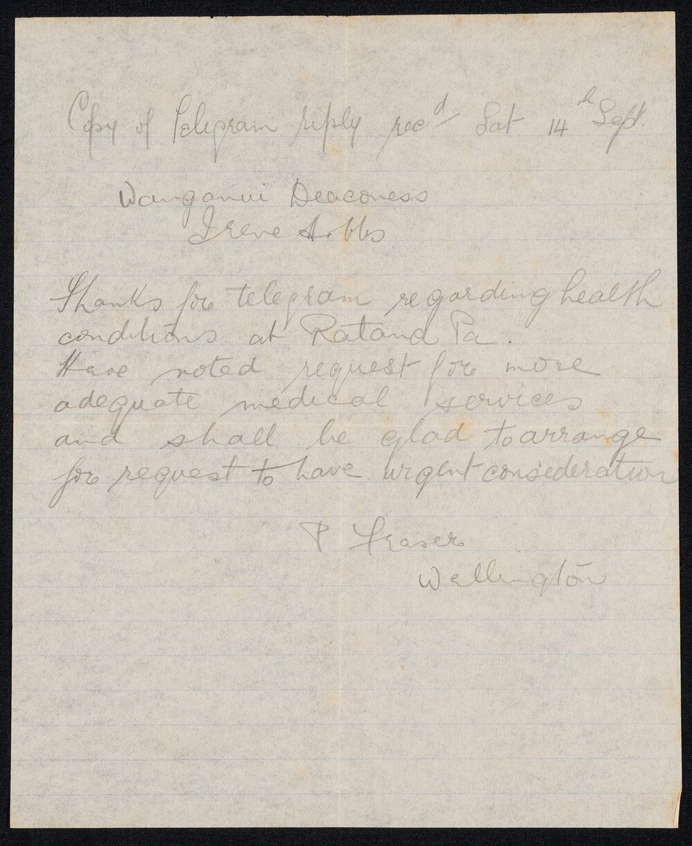 Copy of a Telegram Written by Sister Hobbs Regarding Health Conditions at Rātana Pā