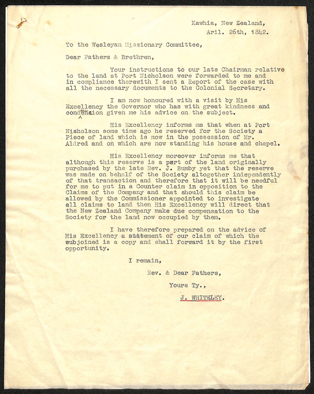 Letter to the Wesleyan Missionary Committee from Rev. J. Whiteley