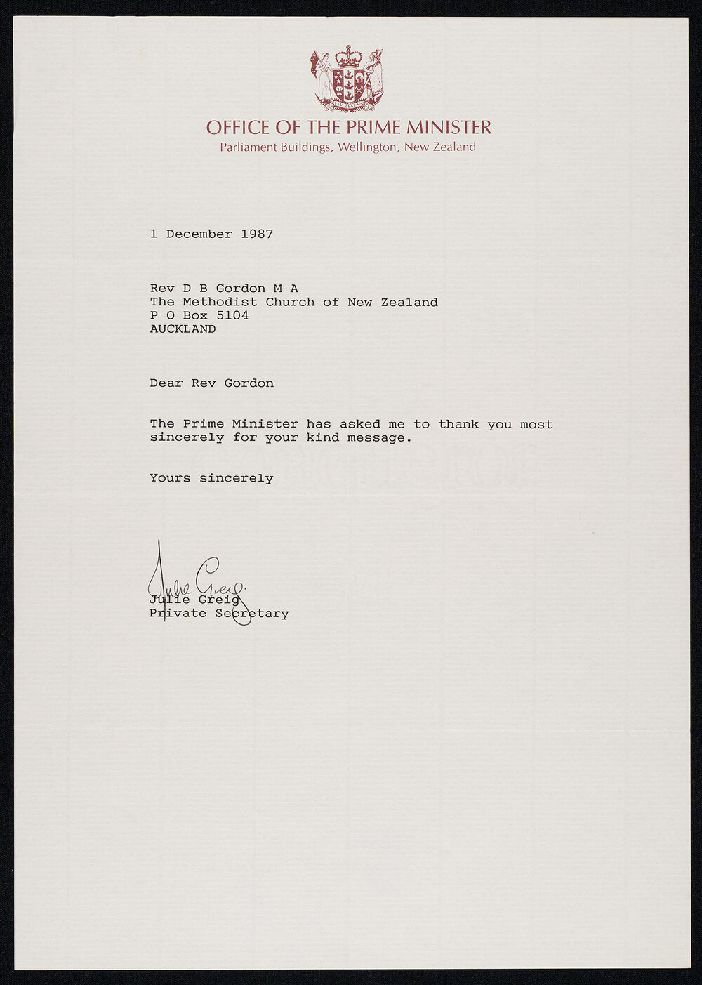 Correspondence with New Zealand Prime Minister David Lange