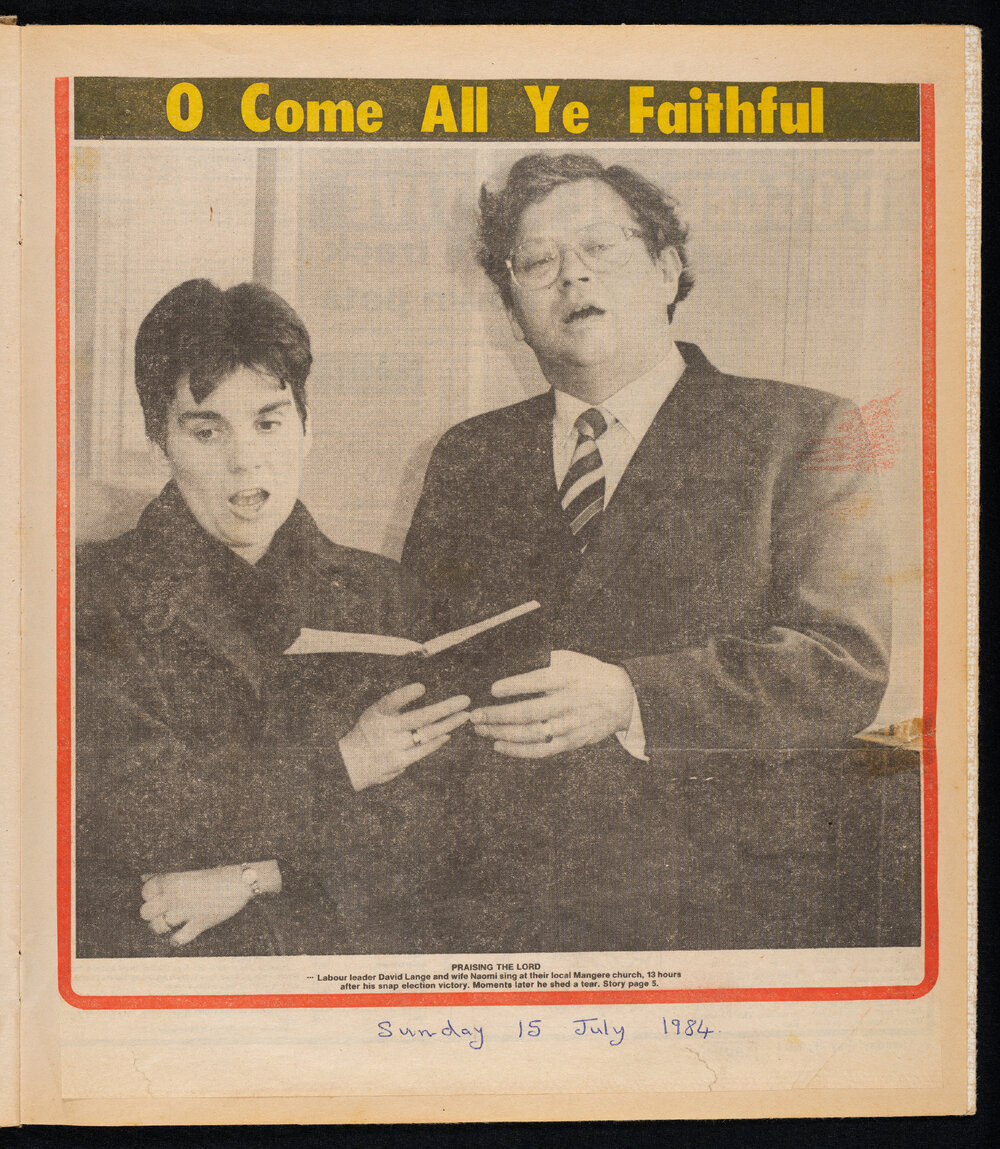 Newspaper Clippings Related to David Lange in Mangere East Golden Jubilee Scrapbook