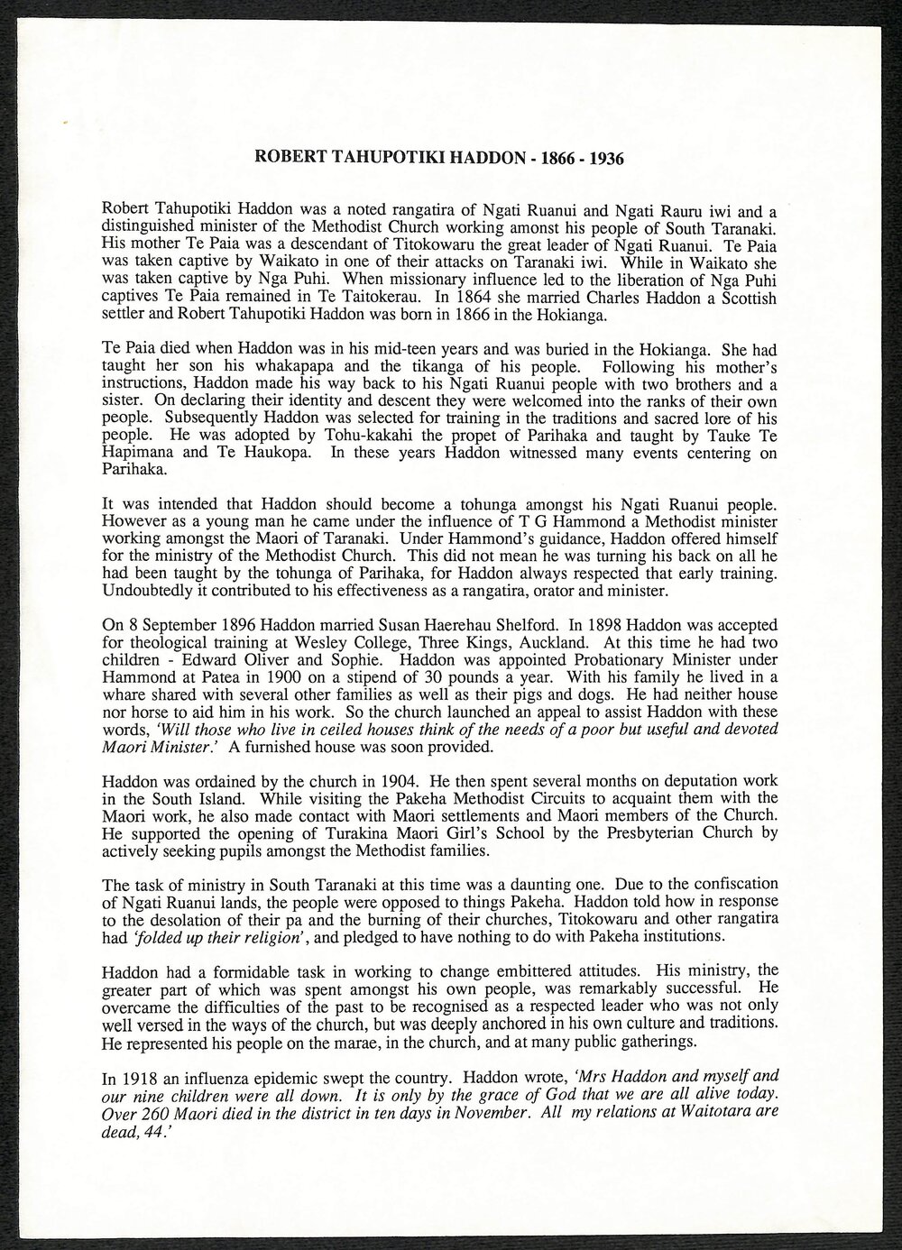 Biographical Information and Research Notes About Rev. Robert Tahupōtiki Haddon (1866-1936) 