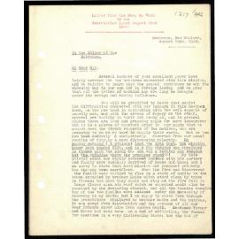 Letter to Secretaries from Rev. W. Woon