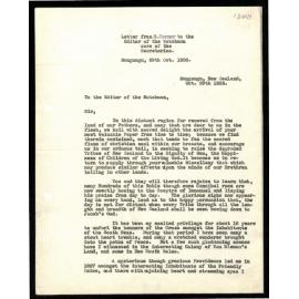 Letter to Editor of The Watchman c/- Secretaries from Nathl. Turner