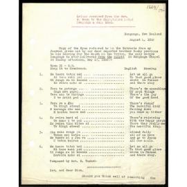 Letter and copy of hymn to Secretaries from Rev. W. Woon