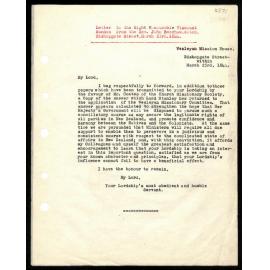 Letter to Right Honourable Viscount Sandon from Rev. John Beecham
