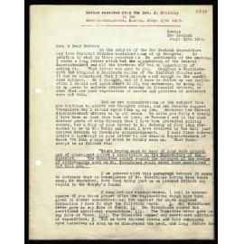 Letter to Secretaries from Rev. J. Whiteley