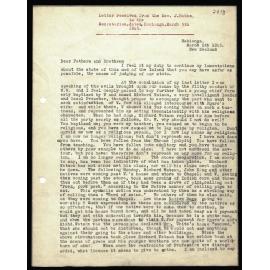 Letter to Secretaries from Rev. J. Hobbs