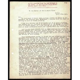 Letter to Editor of Southern Cross from An Old Settler