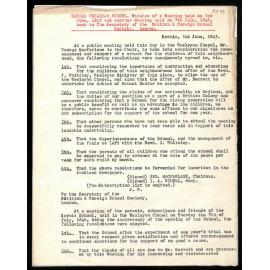 Minutes of meeting, Kawhia Wesleyan School, to Secretary, British and Foreign School Society, London, from J. W. [John Whiteley]