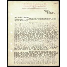 Letter to Secretaries from Rev. J. Hobbs