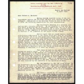 Letter to Secretaries from Rev. J. Whiteley