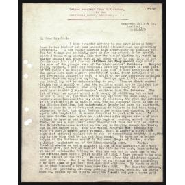 Letter to Mrs Hoole from K. Fletcher