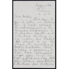 Letter Addressed to Hobby [Sister Hobbs] from Nancy Houmaha [née Sneddon of Putāruru, taught at Rātana School in 1932]