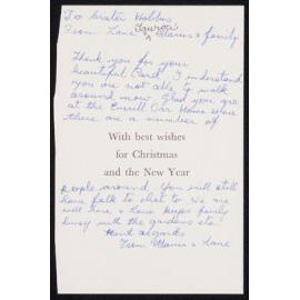 Part of a Christmas Card Addressed to Sister Hobbs from Alanis and Lane