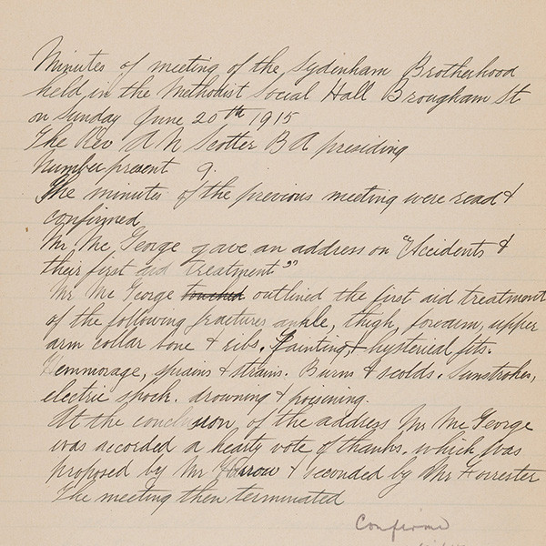 Sydenham Methodist Church, Sydenham Brotherhood Minutes (1911-1915). [Kei Muri Māpara/Methodist Church of New Zealand Archives Christchurch, 8092, box 2]. https://keimurimapara.methodist.org.nz/nodes/view/6456