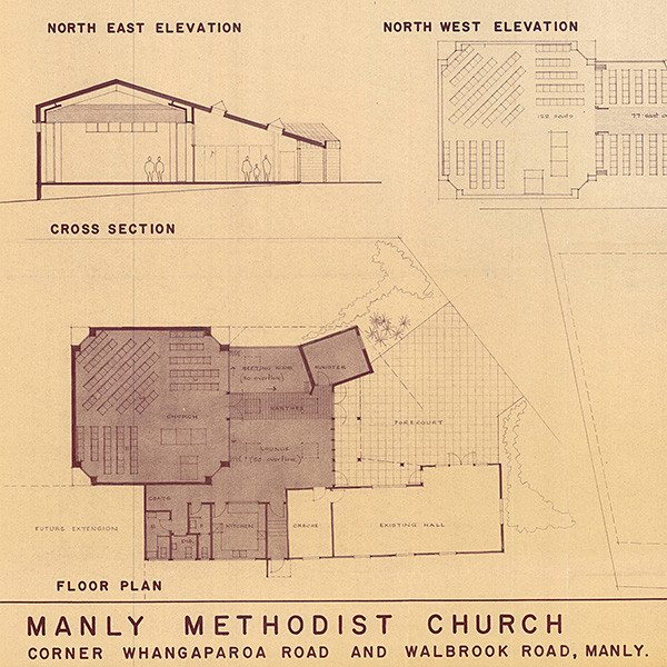 Manly Methodist Church, Proposed Methodist Church Corner Whangaparāoa Road and Walbrook Road, Manly (1985). [Kei Muri Māpara/Methodist Church of New Zealand Archives Christchurch, PC2D1, APS-291]. https://keimurimapara.methodist.org.nz/nodes/view/7226