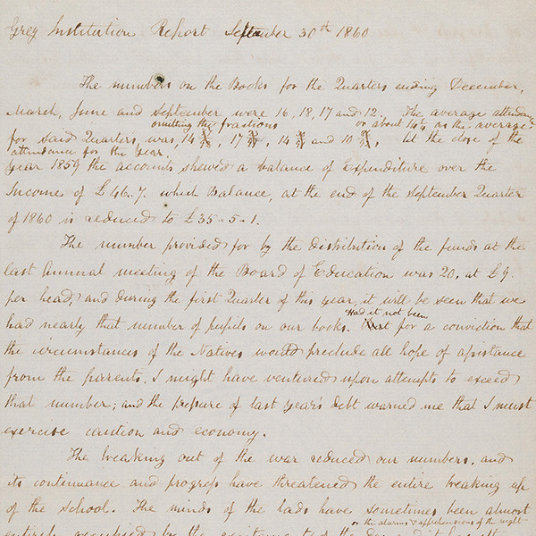 Grey Institution School [Taranaki] Annual Report and Accounts for the Year Ended December 31st 1860. [Kei Muri Māpara/Methodist Church of New Zealand Archives Christchurch, CH45, 1a]. https://keimurimapara.methodist.org.nz/nodes/view/7439