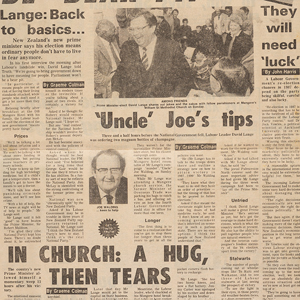 Mangere Otahuhu Methodist Parish, Newspaper Clippings Related to David Lange in Mangere East Golden Jubilee Scrapbook (1979-1984). [Kei Muri Māpara/Methodist Church of New Zealand Archives Christchurch, AU1, A109f]. https://keimurimapara.methodist.org.nz/nodes/view/7836