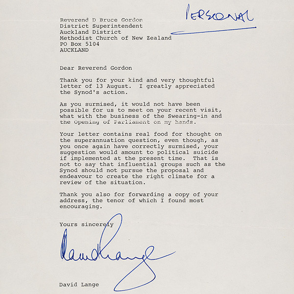 Gordon, Rev. David Bruce, Correspondence with New Zealand Prime Minister David Lange (1908-1987). [Kei Muri Māpara/Methodist Church of New Zealand Archives Christchurch, PPHR Box 100, MS-390]. https://keimurimapara.methodist.org.nz/nodes/view/7835